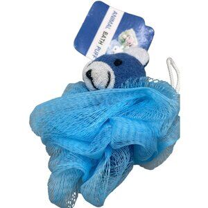 Animal bath puff blue white black bear head light blue puff 4.5" long NEW
